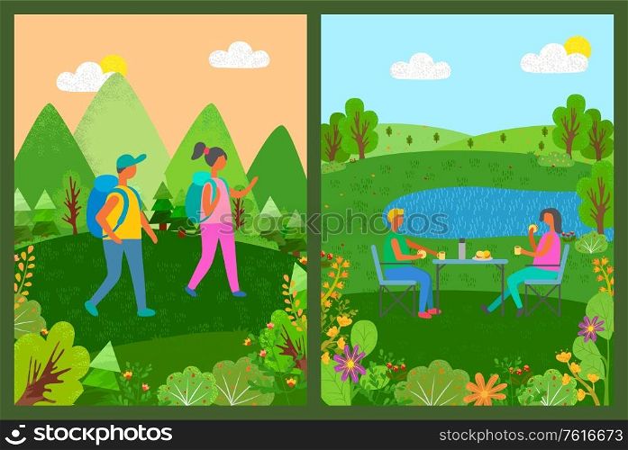 People relaxing on nature vector, man and woman eating sitting by table near lake, pond river with water, forest with mountains and hikers backpacks. Touristic People, Couple in Forest Eating Food Set