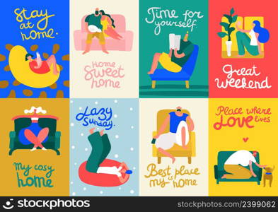 People relaxing on soft and comfortable furniture for cosy home flat cards set isolated on colorful background vector illustration. Home Rest Cards Set
