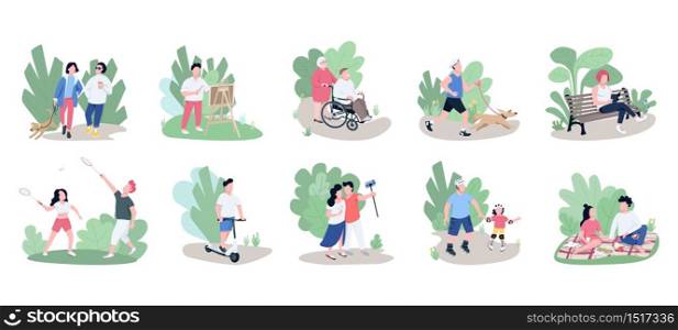 People relaxing outdoors flat color vector faceless characters set. Weekend pastime, open air recreation, family rest, active lifestyle isolated cartoon illustrations on white background