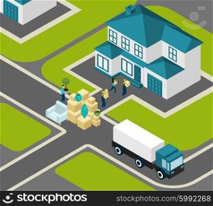 People relocating isometric concept with delivery workers truck and house vector illustration. People Relocating Isometric