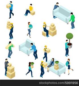 People relocating set with isometric delivery workers isolated vector illustration. People Relocating Isometric