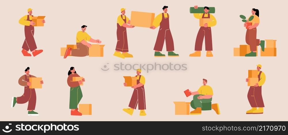 People relocation and moving into new house set. Family characters and workers in uniform carry with cardboard boxes. Professional delivery company loader service line art flat vector illustration. People relocation and moving into new house set