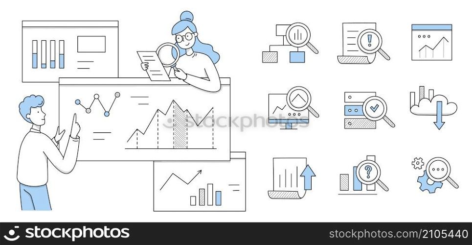 People research analytics on dashboard with graphs and charts. Vector doodle icons of statistic analysis, work with database and information report with diagrams and magnifying glass. People research data analytics, doodle icons