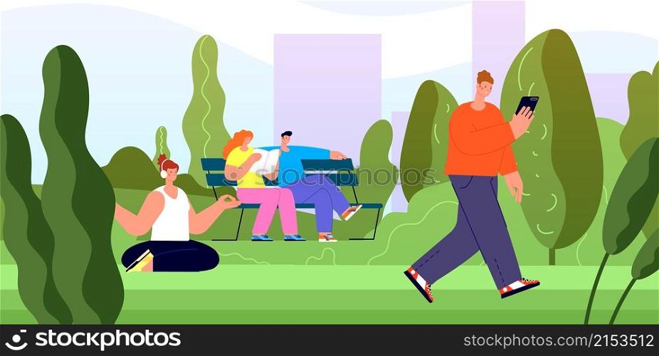 People rest in city park. Young girls walk, summer outdoor recreation. Town green area, nature trail in urban landscape vector illustration. City outdoor park green tree, activity nature landscape. People rest in city park. Young girls walk, summer outdoor recreation. Town green area, nature trail in urban landscape utter vector illustration