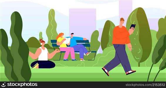 People rest in city park. Young girls walk, summer outdoor recreation. Town green area, nature trail in urban landscape vector illustration. City outdoor park green tree, activity nature landscape. People rest in city park. Young girls walk, summer outdoor recreation. Town green area, nature trail in urban landscape utter vector illustration