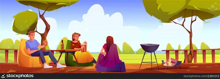 People rest on wooden terrace with popcorn, beer, and bbq. Vector cartoon illustration of backyard with green trees and patio with cooking grill, table, man and girls sitting in chairs. People rest on terrace with popcorn, beer and bbq