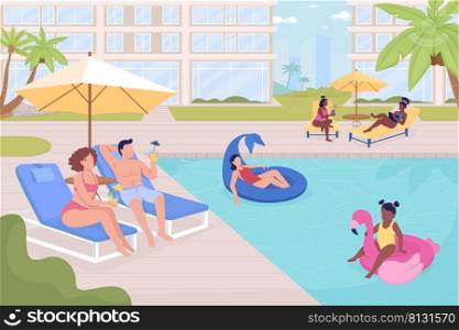 People resting at public outdoor poolside flat color vector illustration. Summer time recreation. Fully editable 2D simple cartoon characters with city on background. Bebas Neue font used. People resting at public outdoor poolside flat color vector illustration