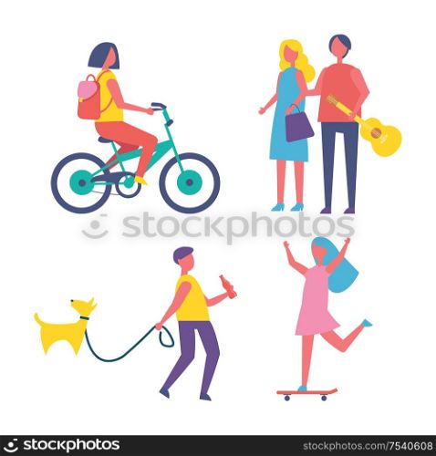 People resting in park cartoon isolated vector banner. Girl with backpack riding bike, guy with bottle of cola walk dog on leash, teen on skateboard. People Resting in Park Cartoon Vector Banner.