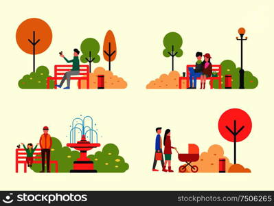 People resting in park, family and friends relaxing vector. Newborn kid in pram with parents, couple in love. Man and woman working on laptop on bench. People Resting in Park Family and Friends Relaxing