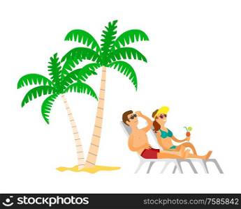 People resting near palm tree, lying on chaise lounge, woman holding cocktail. People wearing sunglasses and swimsuit, couple sunbathing, summer vector. People Sunbathing near Palm Tree, Beach Vector