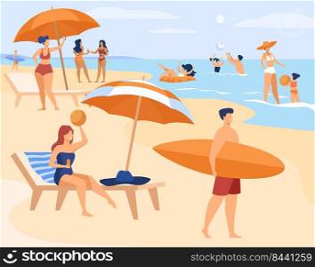 People resting on sea beach in summer. Women and men swimming and sitting under umbrella flat vector illustration. Vacation leisure concept for banner, website design or landing web page