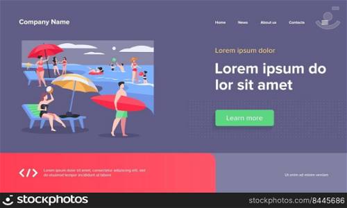 People resting on sea beach in summer. Women and men swimming and sitting under umbrella flat vector illustration. Vacation leisure concept for banner, website design or landing web page