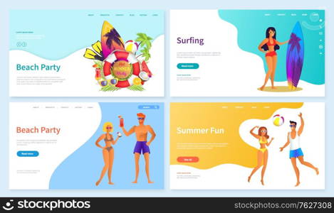 People resting on summer vacation vector, beach party. Man and woman holding cocktails tropical weekends watermelon and coconut, surfboard. Website or webpage template, landing page flat style. Surfing Summer Fun Activities on Vacation Web