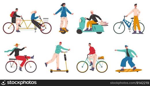 People ride electric city transport. Happy drivers on urban bikes. Woman on scooters and longboards. Man driving motorbike or gyroscooter. Eco friendly alternative vehicles. Vector biking persons set. People ride electric city transport. Drivers on urban bikes. Woman on scooters and longboards. Man driving motorbike or gyroscooter. Eco friendly vehicles. Vector biking persons set