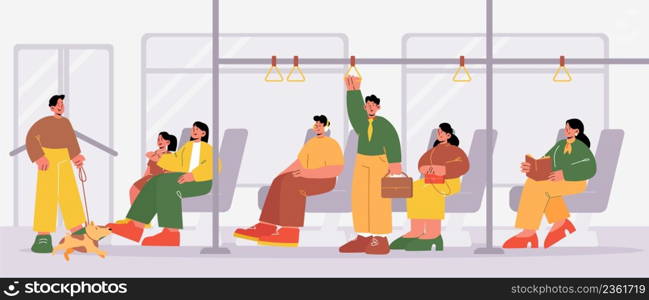 People ride in public transport. Vector flat illustration of bus, train or tram interior with seat, handrails and sitting and standing passengers. City public transport with men and women inside. Public transport. Bus interior with passengers