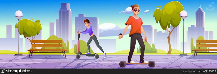 People ride on electric scooter and skateboard in city park. Vector cartoon illustration of man and woman driving on electrical skate board and kick scooter in public garden with trees and benches. People on electric scooter and skateboard in park