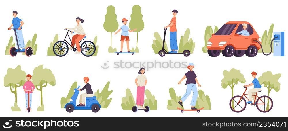 People ride scooter, bicycle, skateboard, motorbike and electric car. Human on hoverboard and gyro scooter vector illustration set. Characters driving ecological vehicles. Scooter and motorbike. People ride scooter, bicycle, skateboard, motorbike and electric car. Human on hoverboard and gyro scooter vector illustration set. Characters driving ecological vehicles