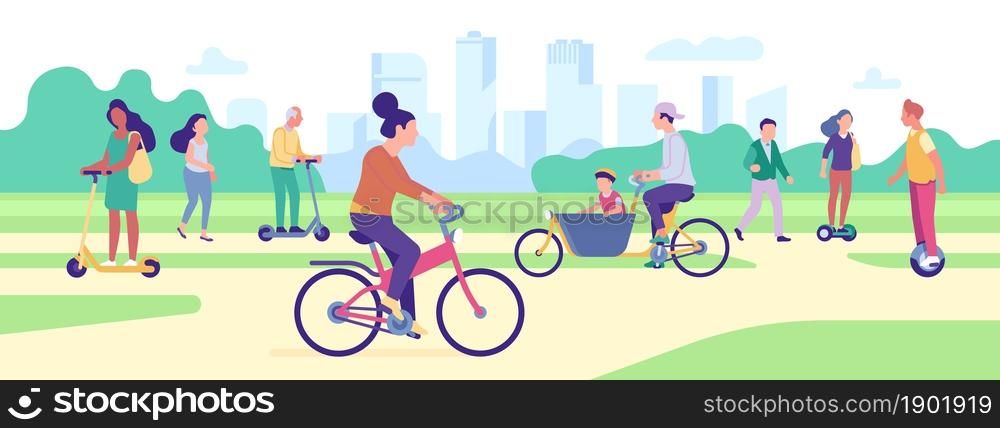 People ride transport in park. Dwellers drive eco vehicles. Cycle riders. Men and women moving electric scooters. Summer healthy recreation. Outdoors leisure activity. Urban traffic. Vector concept. People ride transport in park. Dwellers drive eco vehicles. Cycle riders. Men and women moving electric scooters. Summer recreation. Outdoors activity. Urban traffic. Vector concept