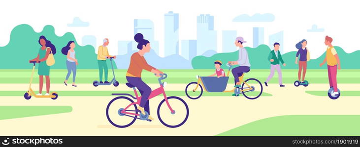 People ride transport in park. Dwellers drive eco vehicles. Cycle riders. Men and women moving electric scooters. Summer healthy recreation. Outdoors leisure activity. Urban traffic. Vector concept. People ride transport in park. Dwellers drive eco vehicles. Cycle riders. Men and women moving electric scooters. Summer recreation. Outdoors activity. Urban traffic. Vector concept