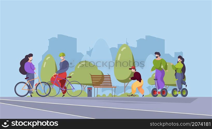 People riders in urban park. Outdoor sport activities in city active relax happy persons riding on bike electric scooter segway bicycle vector stylized flat. Illustration urban sport park outdoor. People riders in urban park. Outdoor sport activities in city active relax happy persons riding on bike electric scooter segway bicycle garish vector stylized flat background