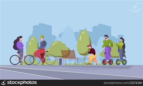 People riders in urban park. Outdoor sport activities in city active relax happy persons riding on bike electric scooter segway bicycle vector stylized flat. Illustration urban sport park outdoor. People riders in urban park. Outdoor sport activities in city active relax happy persons riding on bike electric scooter segway bicycle garish vector stylized flat background