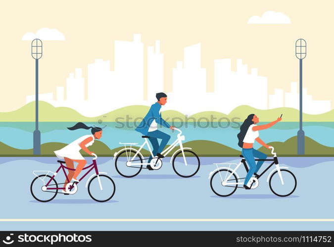 People riding bicycle. Cartoon active characters in city park riding bike, active and healthy lifestyle concept. Vector banner resting on fresh air group bikes tourists. People riding bicycle. Cartoon active characters in city park riding bike, active and healthy lifestyle concept. Vector banner
