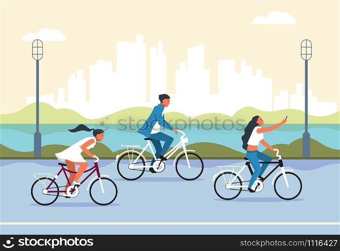 People riding bicycle. Cartoon active characters in city park riding bike, active and healthy lifestyle concept. Vector banner resting on fresh air group bikes tourists. People riding bicycle. Cartoon active characters in city park riding bike, active and healthy lifestyle concept. Vector banner