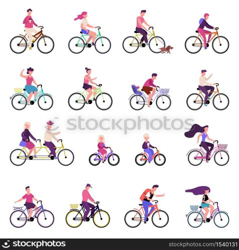 People riding bikes. Outdoor activities, group of people riding bicycles, bike riding, active family healthy lifestyle vector illustration set. Bicycle and bike ride, man woman outdoor active. People riding bikes. Outdoor activities, group of people riding bicycles, bike riding, active family healthy lifestyle vector illustration set