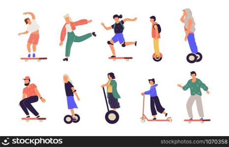 People riding. Cartoon characters on electric skate unicycle longboard monopod scooter and hoverboard. Vector modern city transport. Illustration woman and man keep balance on vehicle with motor. People riding. Cartoon characters on electric skate unicycle longboard monopod scooter and hoverboard. Vector modern city transport