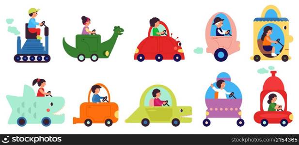 People riding. Cartoon childish transportation characters. Woman man ride fantasy cars. Person drive, delivery or relocation decent vector set. Illustration of character transportation toy cars. People riding. Cartoon childish transportation characters. Woman man ride fantasy cars. Person drive vehicle, delivery or relocation decent vector set