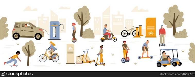 People riding eco transport in city, young characters use green electric car, scooter, hoverboard, monowheel, skateboard and bicycle nature friendly transportation, Line art flat vector illustration. People riding eco transport in city, green cars