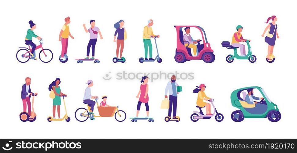 People riding ecological transport. Mobile electric city movement. Smart persons driving cycles and scooters. Urban dwellers transportation. Eco lifestyle. Alternative vehicle. Vector happy riders set. People riding ecological transport. Mobile electric city movement. Persons driving cycles and scooters. Urban dwellers transportation. Eco lifestyle. Alternative vehicle. Vector riders set