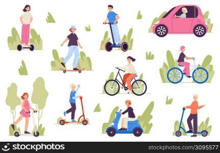 People riding electric transport, bicycle, scooter, electric car. Healthy lifestyle and active recreation characters vector illustration set. Healthy sport activities. Bicycle transport scooter. People riding electric transport, bicycle, scooter, electric car. Healthy lifestyle and active recreation characters vector illustration set. Healthy outdoor sport activities