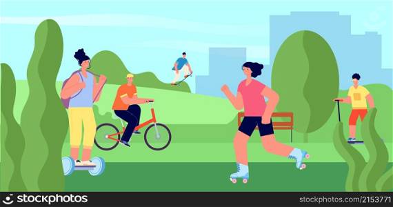 People riding in park. Teens on skateboard and roller ski, urban active men and women vector concept. Illustration park outdoor, extreme skateboard and skateboarding. People riding in park. Teens on skateboard and roller ski, urban active men and women vector concept