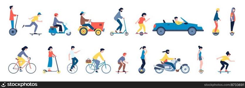People riding on car and segway, ride scooter and motorcycle. Alternative vehicle, isolated teens on skateboards and electric transport vector set. Illustration of bicycle and scooter, eco vehicle. People riding on car and segway, ride scooter and motorcycle. Alternative vehicle, isolated teens on skateboards and electric transport recent vector set