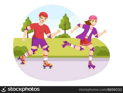 People Riding Roller Skates in City Park for Outdoor Activity, Sports Recreation or Weekend Recreation in Cartoon Hand Drawn Template Illustration
