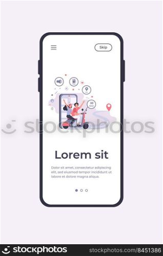 People riding scooter, using navigation app and city map on mobile phone for tracking. Vector illustration for commuting, modern technology, travel, location concepts
