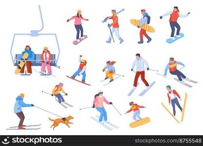 People riding skis and snowboards. Cartoon skiers family snowboarders, winter sport mountain resort downhill freeride on chairlift snow slope, travel activity vector. Illustration of snowboard sport. People riding skis and snowboards. Cartoon skiers family snowboarders, winter sport mountain resort downhill freeride on chairlift snow slope, travel activity swanky vector