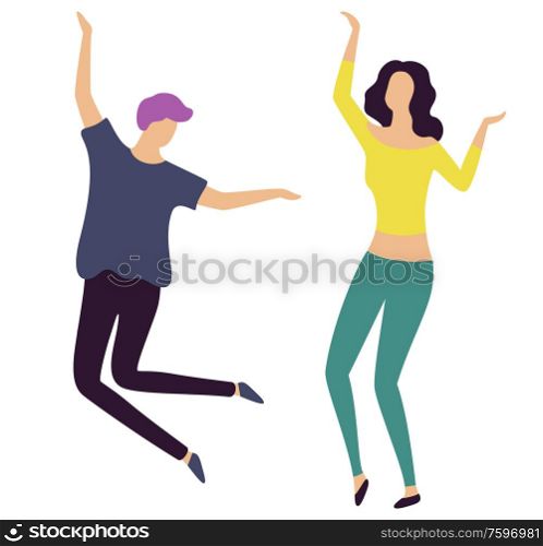People rising hands, jumping male, dancers moving together, man and woman dancing, full length view of girl and boy characters in casual clothes vector. Moving Man and Woman in Casual Clothes Vector