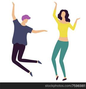 People rising hands, jumping male, dancers moving together, man and woman dancing, full length view of girl and boy characters in casual clothes vector. Moving Man and Woman in Casual Clothes Vector