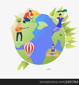People roller skating, meditating and playing guitar on Earth globe. Lifestyle, leisure, activity, sport concept. Vector illustration can be used for topics like vacation, summer, ecology. People roller skating, meditating and playing guitar on Earth