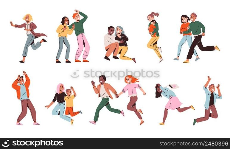 People run afraid. Scared men and women with children, shocked terrified persons escaping, scared couple, scream characters in casual clothes, negative emotion vector cartoon flat style isolated set. People run afraid. Scared men and women with children, shocked terrified persons escaping, scared couple, scream characters in casual clothes, negative emotion vector cartoon flat set