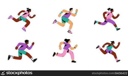 People run. Human action runners in marathon, man and woman do exercises, girl and boy in fast sprint. Bright sportswear contemporary person. Vector illustration cartoon flat style trendy characters. People run. Human action runners in marathon, man and woman do exercises, girl and boy in fast sprint. Bright sportswear contemporary person. Vector illustration cartoon flat characters
