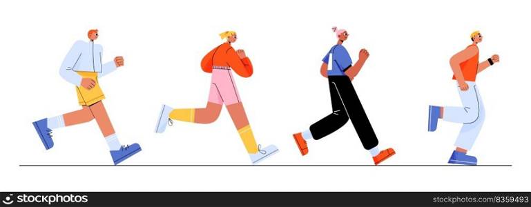 People run in row, marathon jogging, sports exercising or competition concept with young male and female athlete characters in sportswear, healthy lifestyle, activity Line art flat Vector Illustration. People run in row, marathon, jogging, running