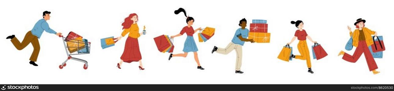People run to sale in store, mall or market. Diverse excited men and women with shopping bags, cart and boxes rush to buy with discount, vector hand drawn illustration. People run to sale in store, mall or market