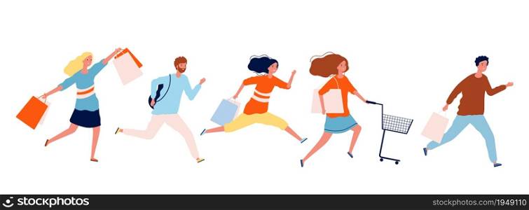 People run with purchases. Shopping time, sale or discounts. Open mall, woman man hurry to black friday vector illustration. Buyer shopper go to shopping for purchase. People run with purchases. Shopping time, sale or discounts. Open mall, woman man hurry to black friday vector illustration