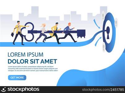 People running and carrying key to unlock keyhole, sample text. Target, goal, team concept. Presentation slide template. Vector illustration can be used for topics like business, management, teamwork. People running and carrying key to unlock keyhole, sample text