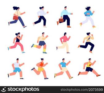 People running. Female run, race healthy group. Jogging person, employee and athlete. Sport exercise, competition vector set. Exercise race, athlete marathon runner, group training illustration. People running. Female run, race healthy group. Jogging person, employee and athlete characters. Sport exercise, competition utter vector set