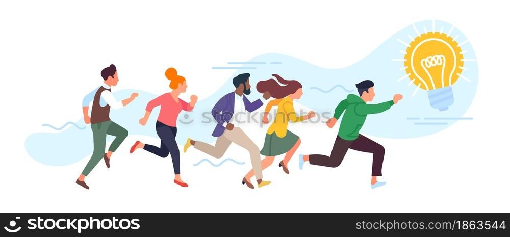 People running for idea. Group of characters pursuit shining lamp. Men and women catch light bulb together. Creative teamwork. Collective brainstorming. Cartoon workers search solution. Vector concept. People running for idea. Group of characters pursuit lamp. Men and women catch light bulb together. Creative teamwork. Collective brainstorming. Workers search solution. Vector concept