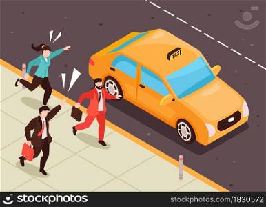 People running for taxi background with time and hurry symbols isometric vector illustration. People Running Isometric Background